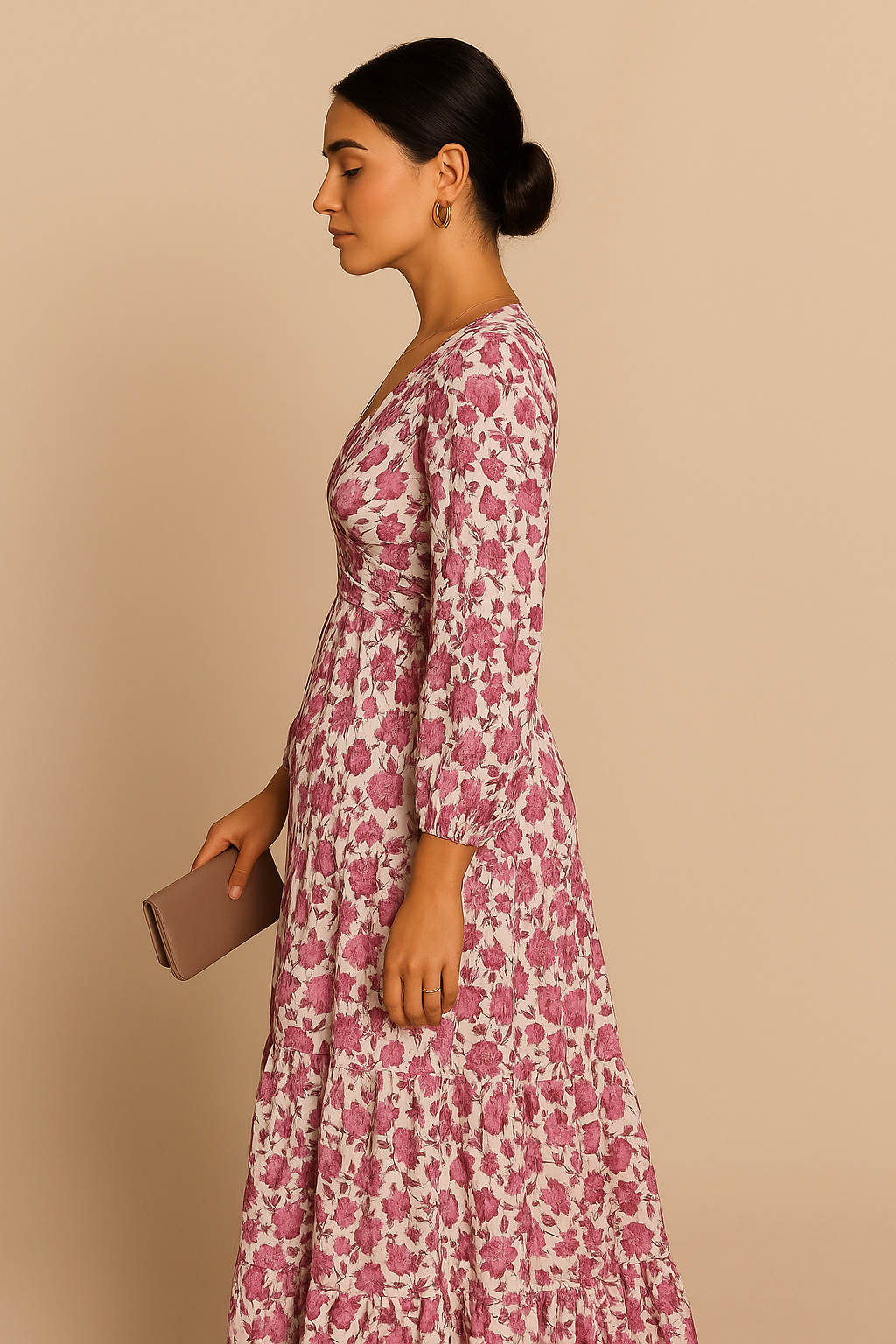 Roseate Bloom Print V-Neck Long Maxi Dress