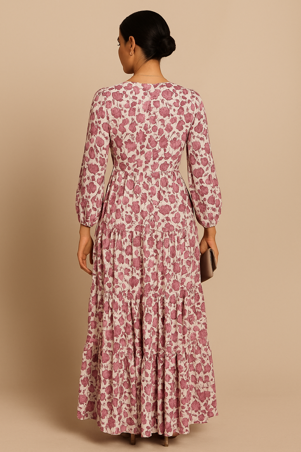 Roseate Bloom Print V-Neck Long Maxi Dress