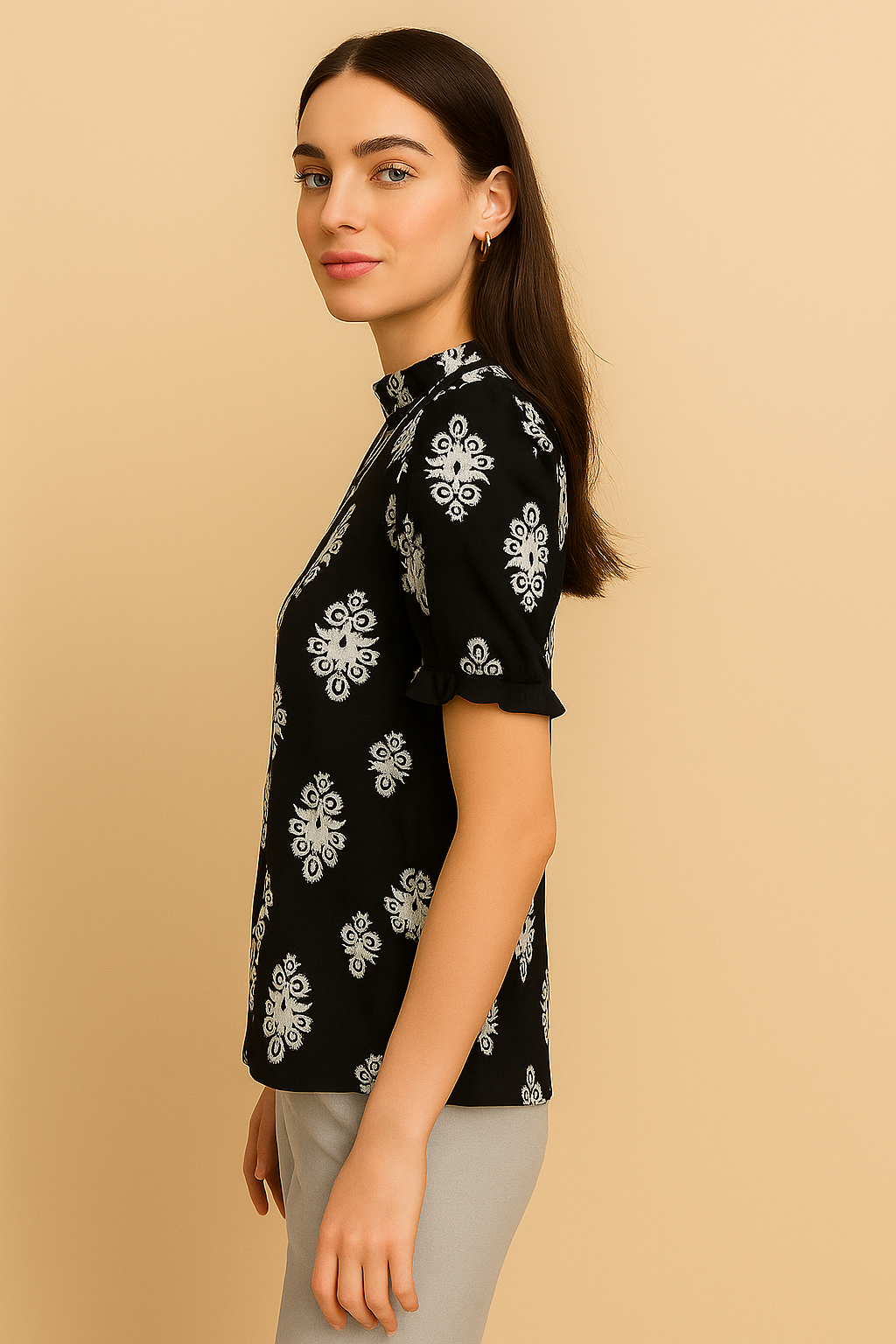 Elegant Black Printed Ruffle Neck Top