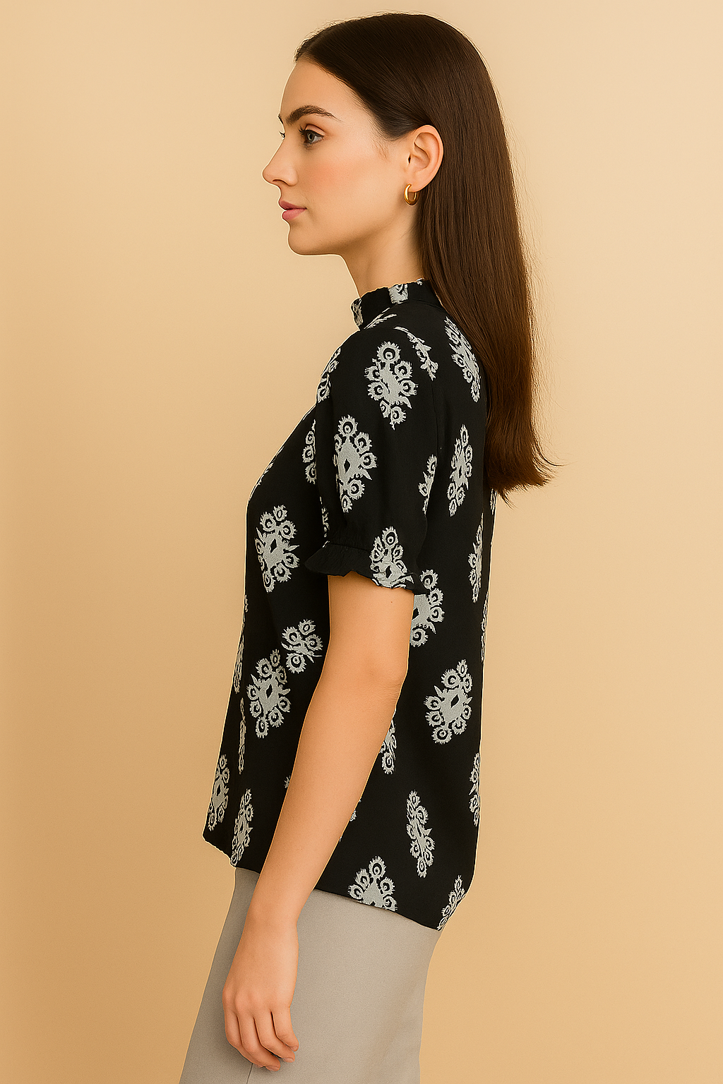 Elegant Black Printed Ruffle Neck Top