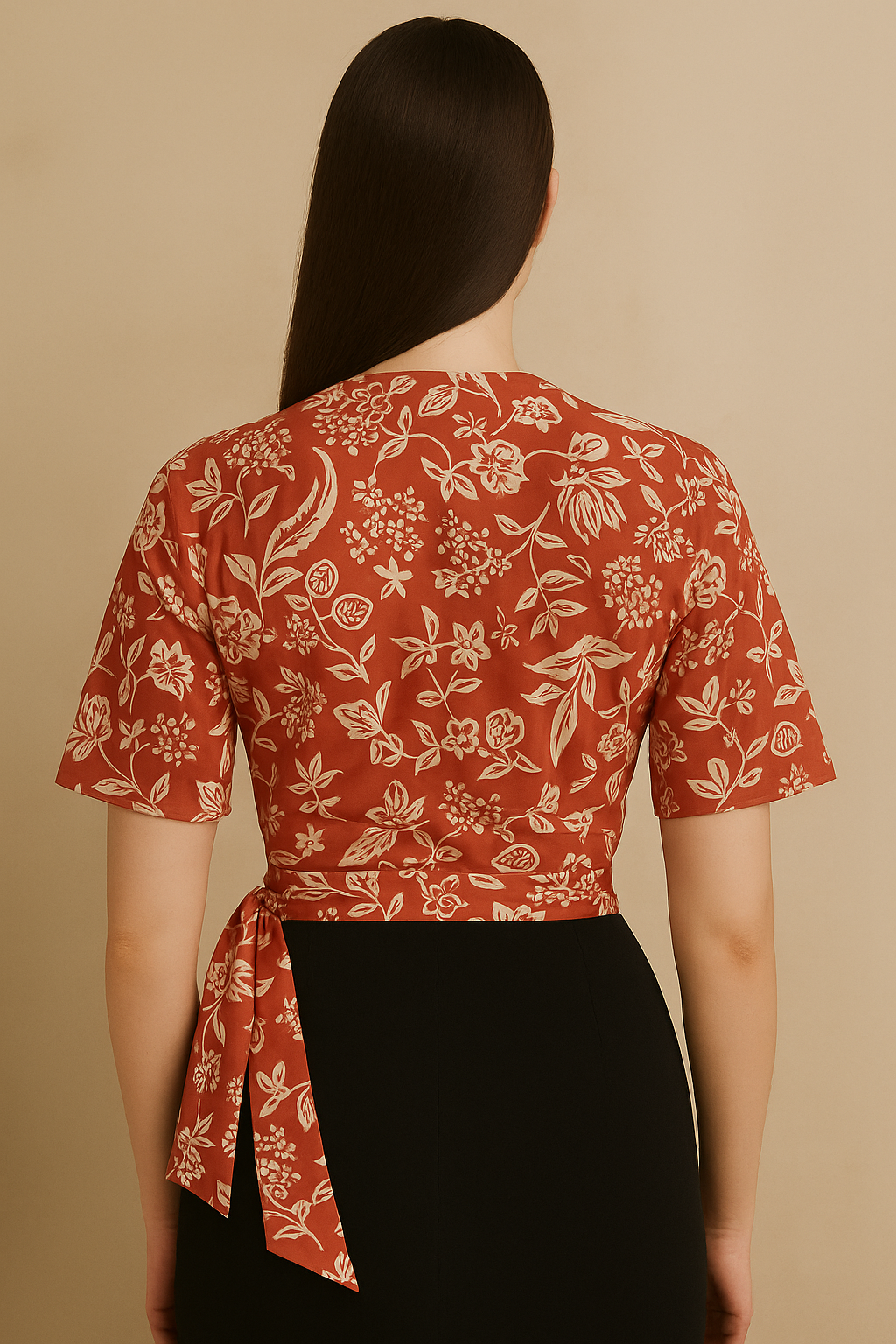 Red Floral Wrap Top with Short Sleeves in Crepe Fabric