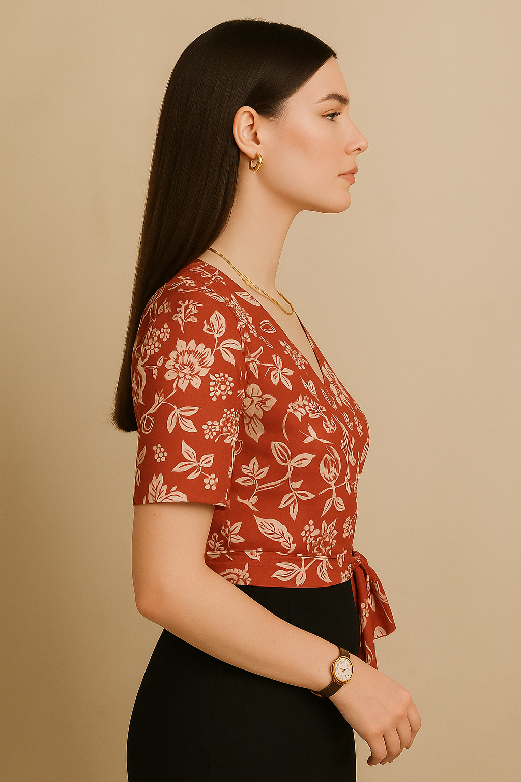 Red Floral Wrap Top with Short Sleeves in Crepe Fabric