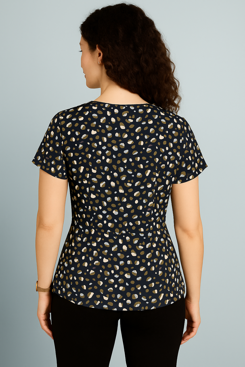 Navy Blue Abstract Printed Crepe Peplum Top with Short Sleeves and Keyhole Neckline