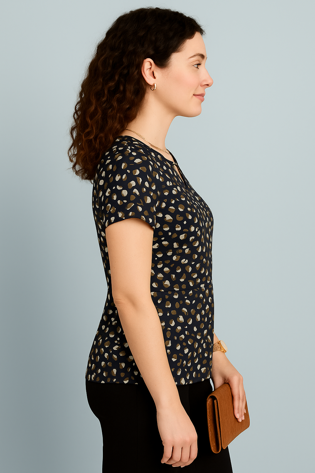 Navy Blue Abstract Printed Crepe Peplum Top with Short Sleeves and Keyhole Neckline