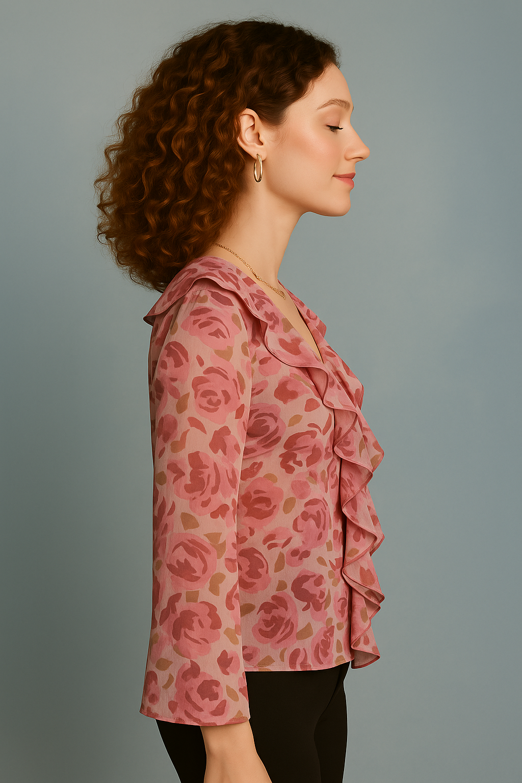 Dusty Pink Floral Chiffon Top with Long Sleeves Ruffle Front and Tie Neckline
