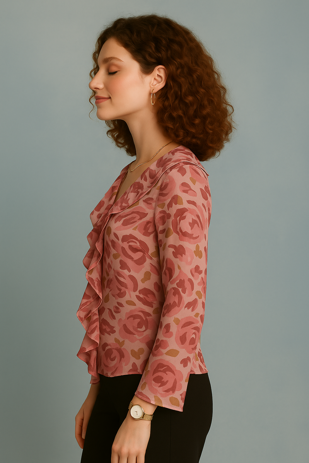 Dusty Pink Floral Chiffon Top with Long Sleeves Ruffle Front and Tie Neckline