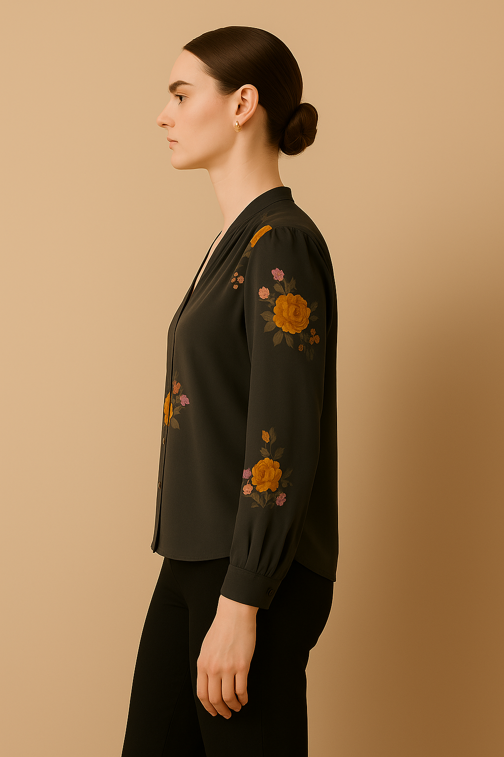 Black Floral Printed Crepe Shirt with Long Sleeves and V Neckline