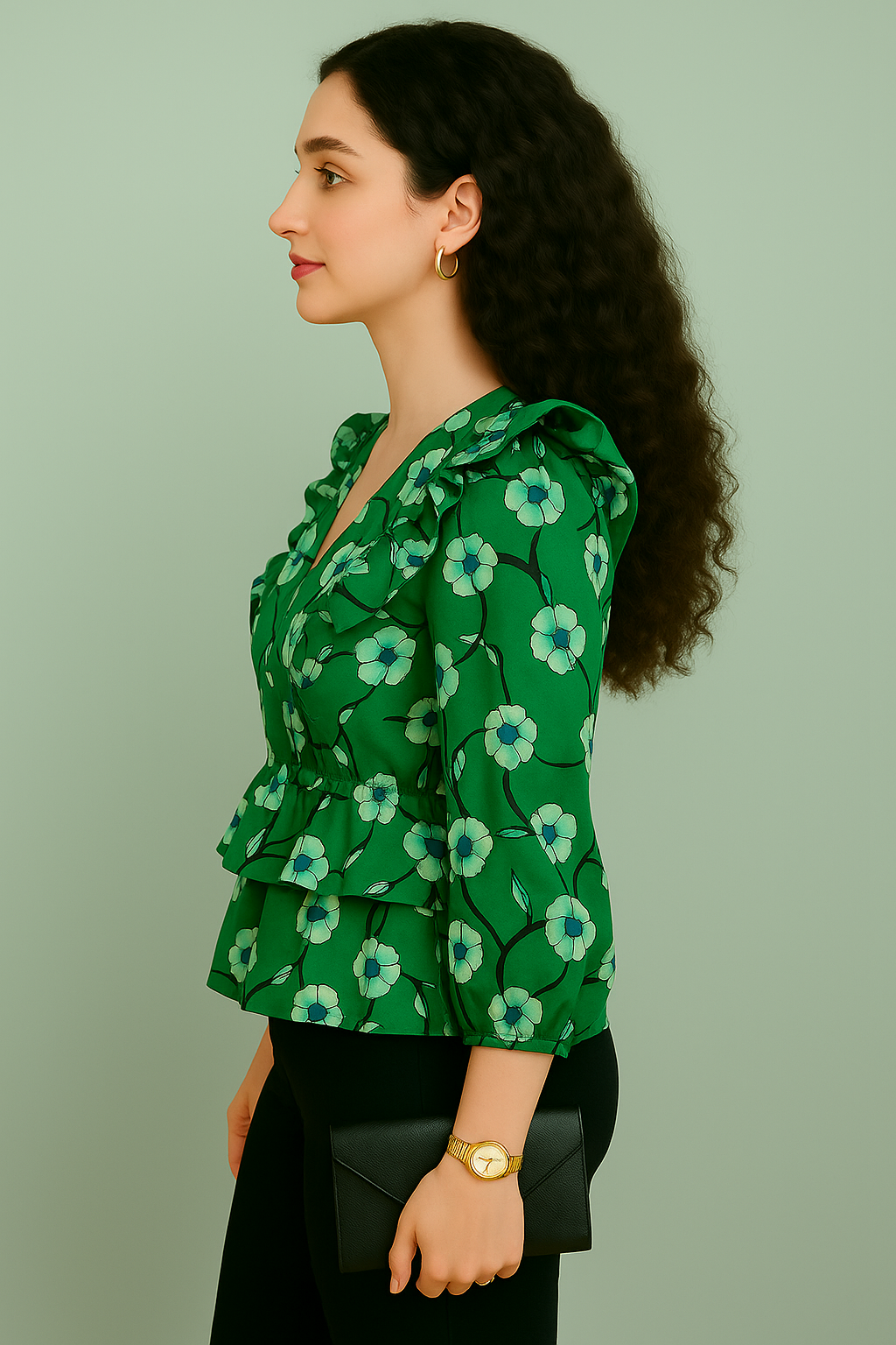 Emerald Green Floral Printed Crepe Peplum Top with Ruffled Shoulders and Three Quarter Sleeves