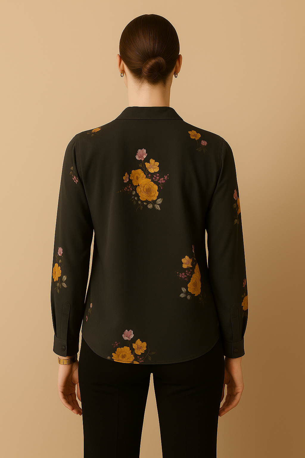 Black Floral Printed Crepe Shirt with Long Sleeves and V Neckline