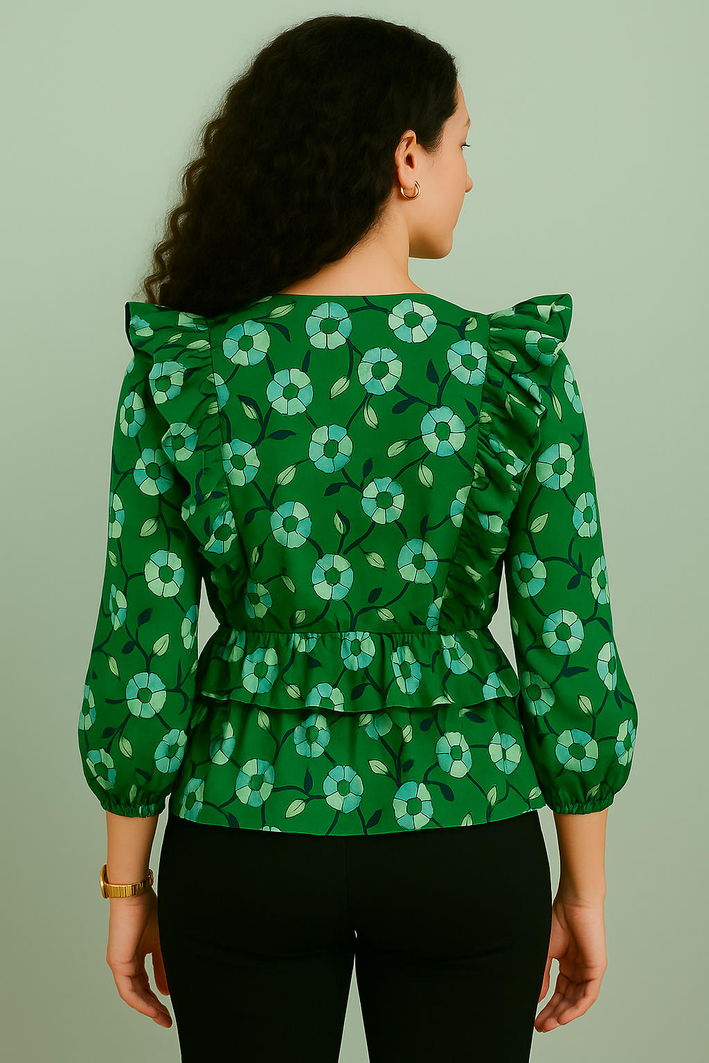 Emerald Green Floral Printed Crepe Peplum Top with Ruffled Shoulders and Three Quarter Sleeves