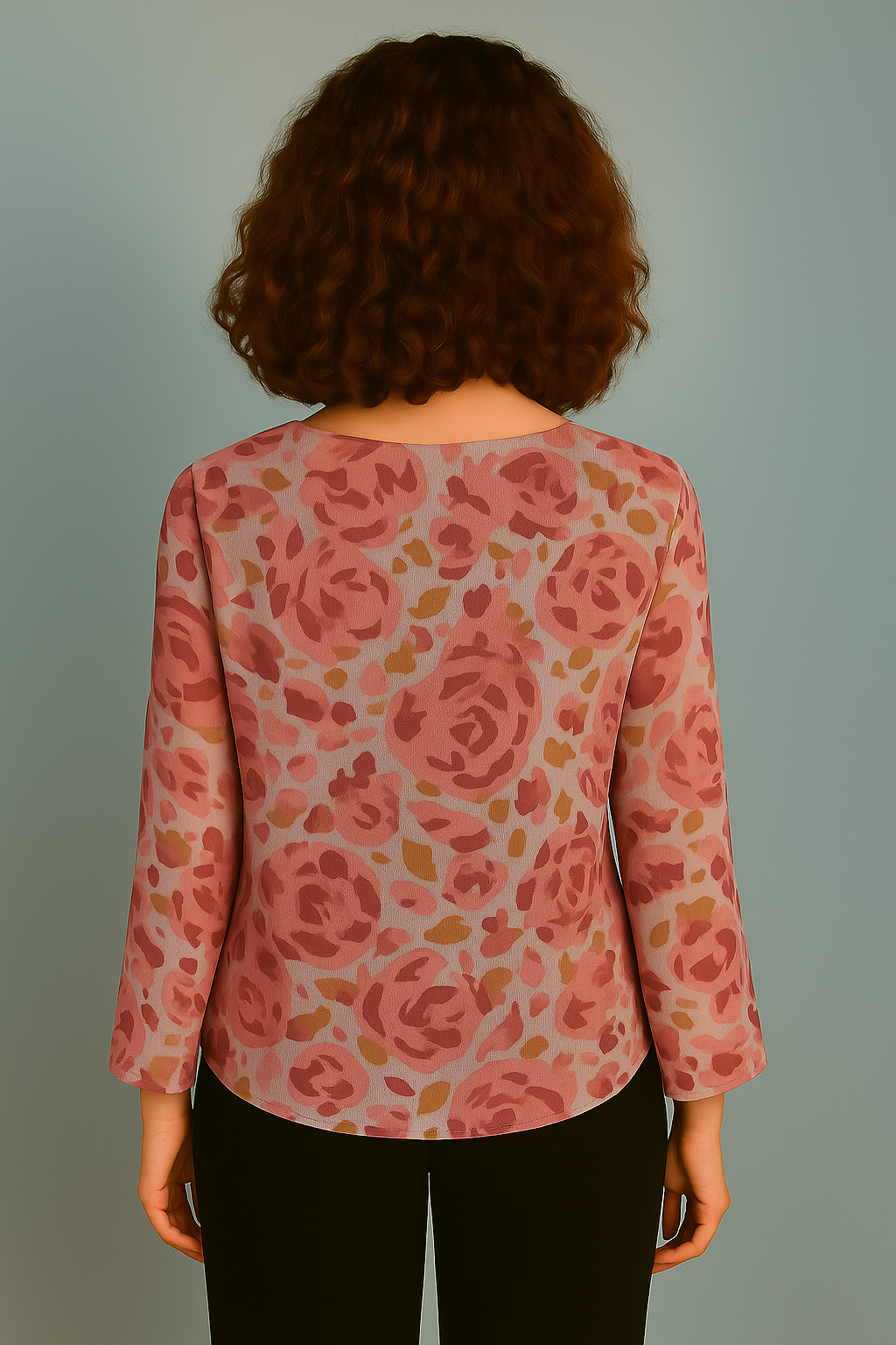 Dusty Pink Floral Chiffon Top with Long Sleeves Ruffle Front and Tie Neckline