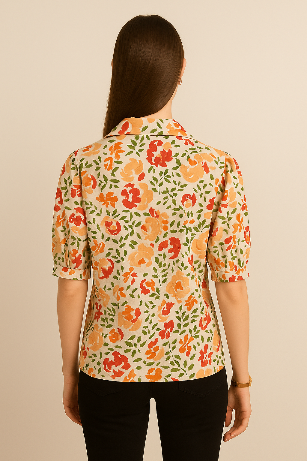 Multicolor Floral Button-Down Shirt in Lightweight Cotton Linen with Hip Length and Half Sleeves