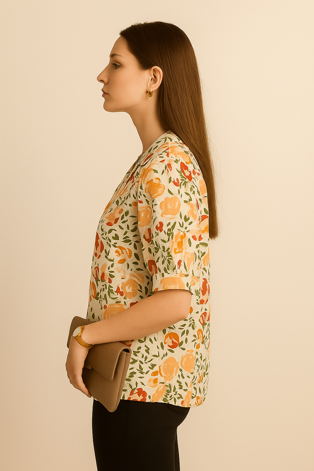 Multicolor Floral Button-Down Shirt in Lightweight Cotton Linen with Hip Length and Half Sleeves