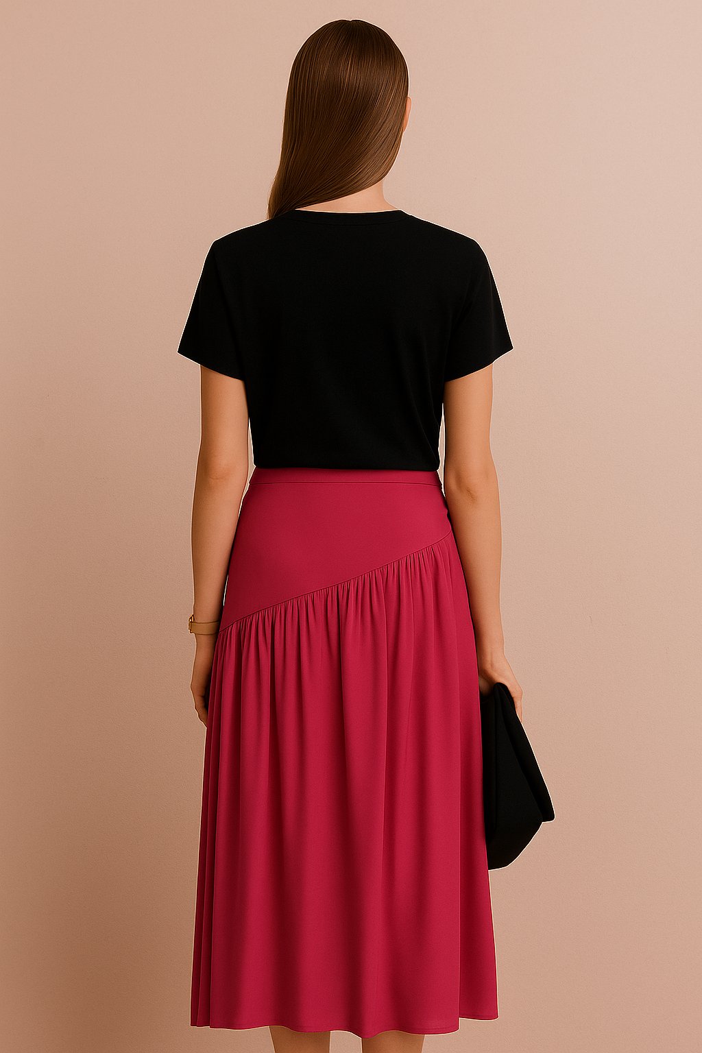 Asymmetric Waist Midi Skirt with Gathered Detail