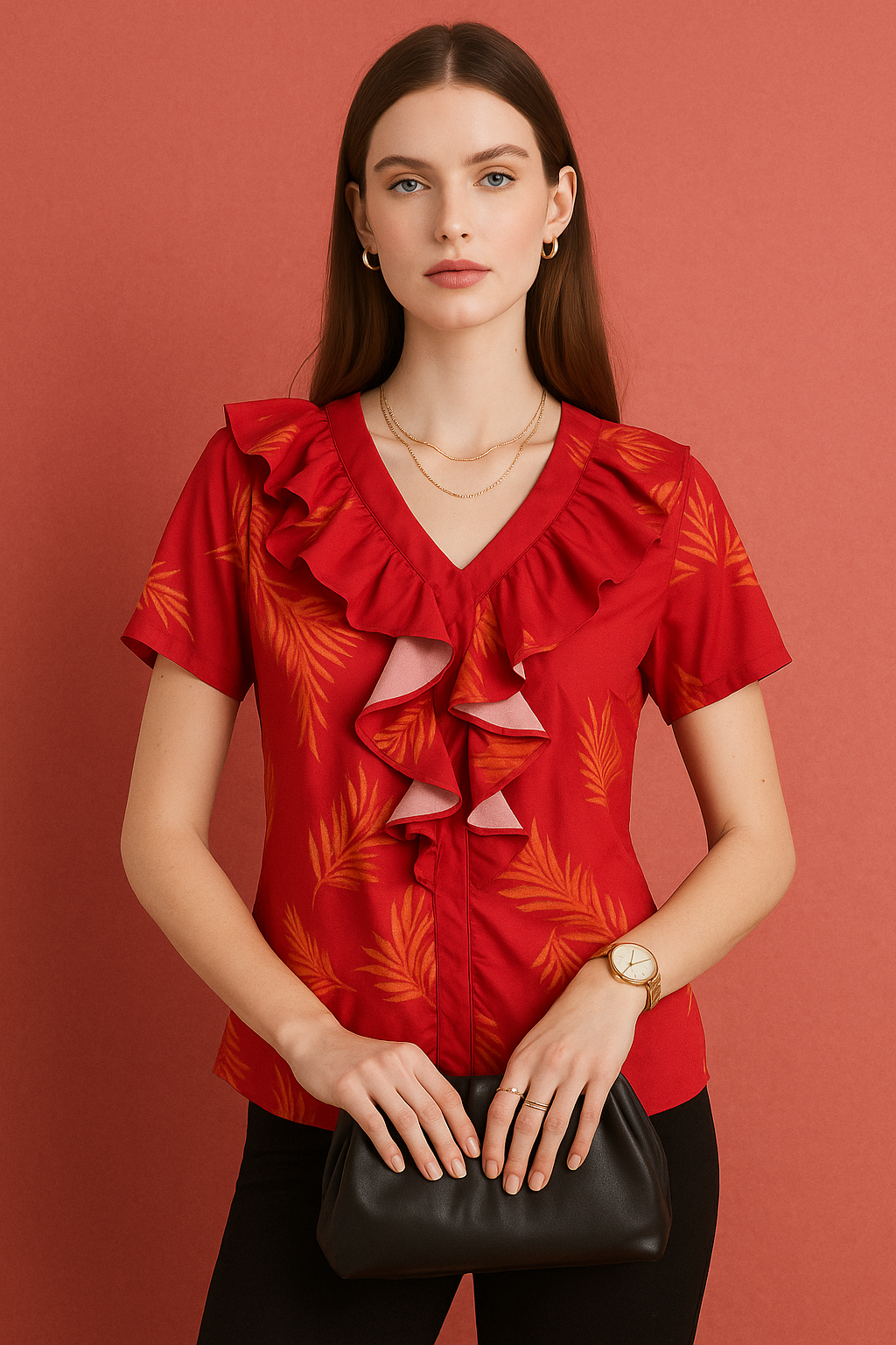 Ruffle Trim V-Neck Blouse with Subtle Leaf Pattern