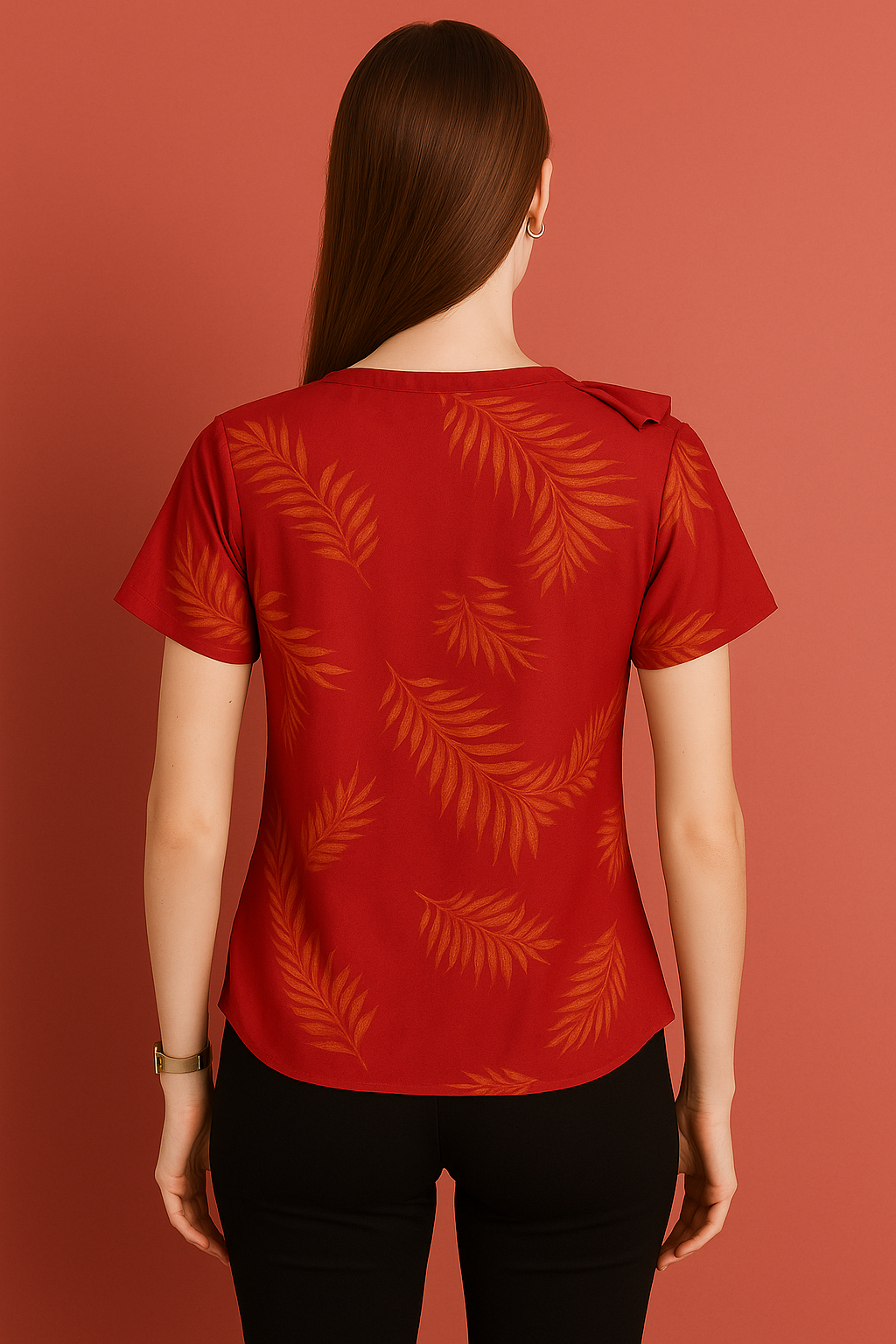 Ruffle Trim V-Neck Blouse with Subtle Leaf Pattern
