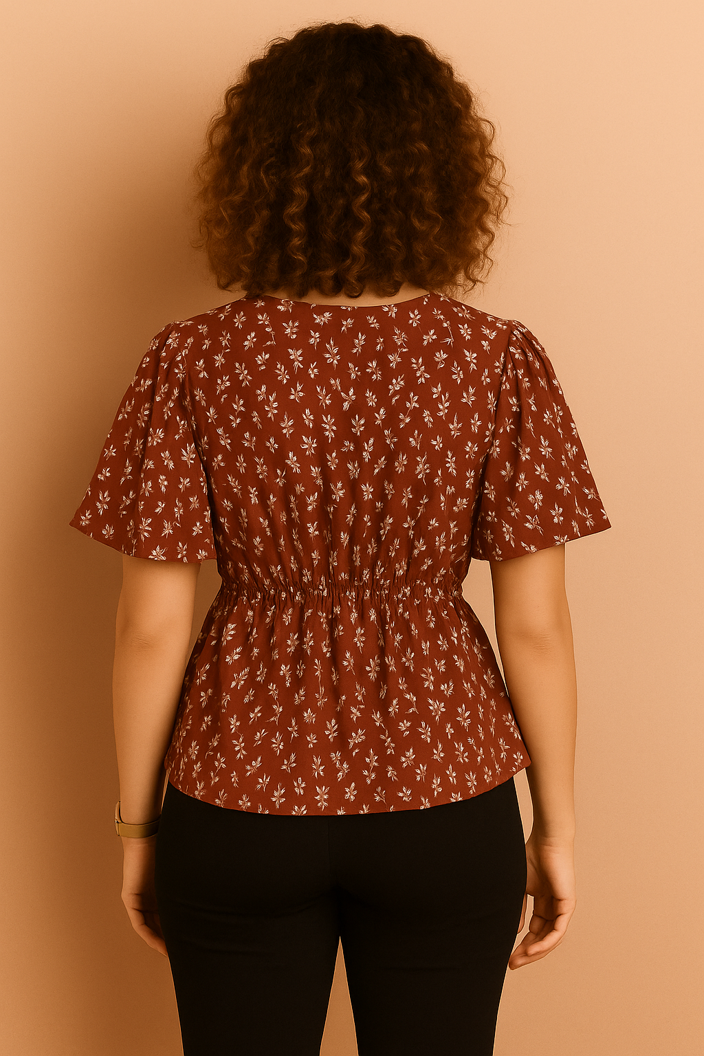 Floral Print V-Neck Peplum Top with Flutter Sleeves