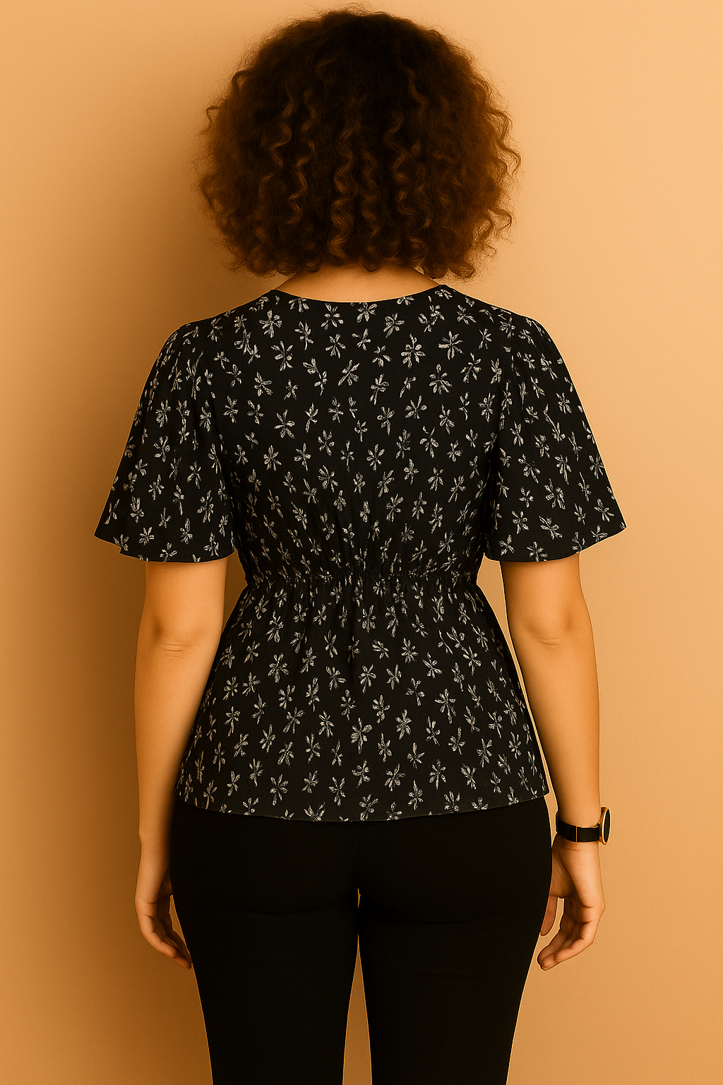 Floral Print V-Neck Peplum Top with Flutter Sleeves