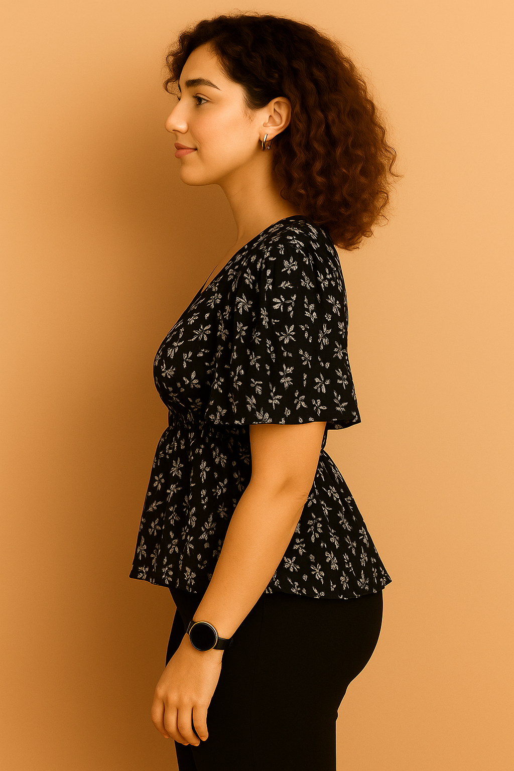 Floral Print V-Neck Peplum Top with Flutter Sleeves
