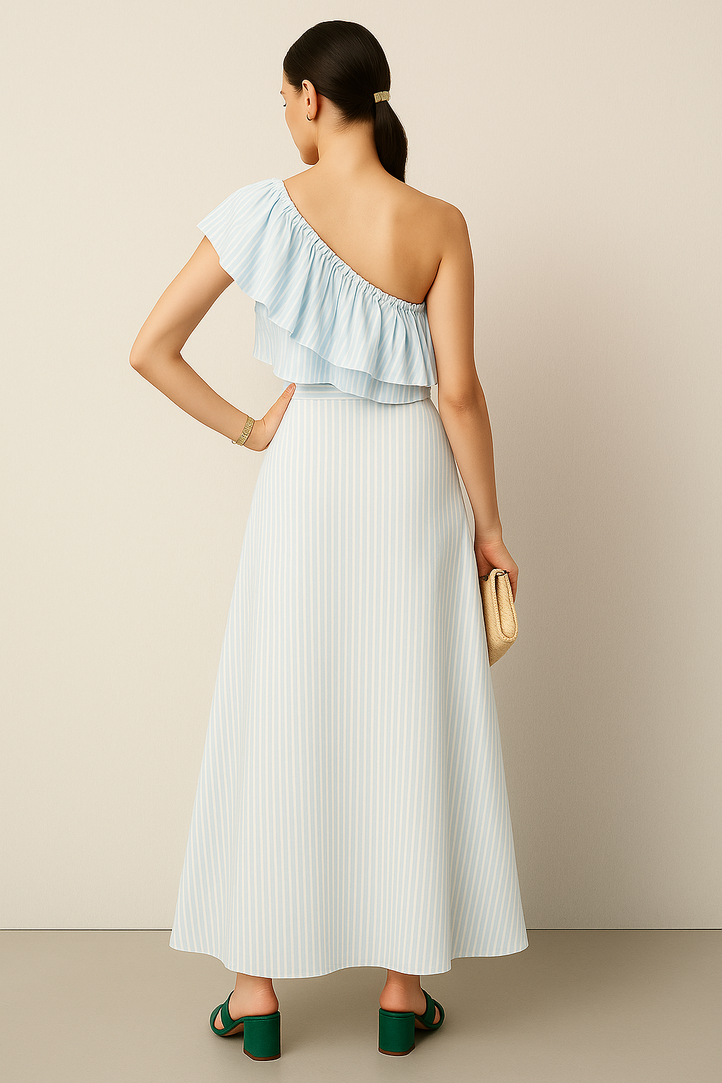 One-Shoulder Ruffle Tiered Bodice Maxi Dress with Vertical Stripes