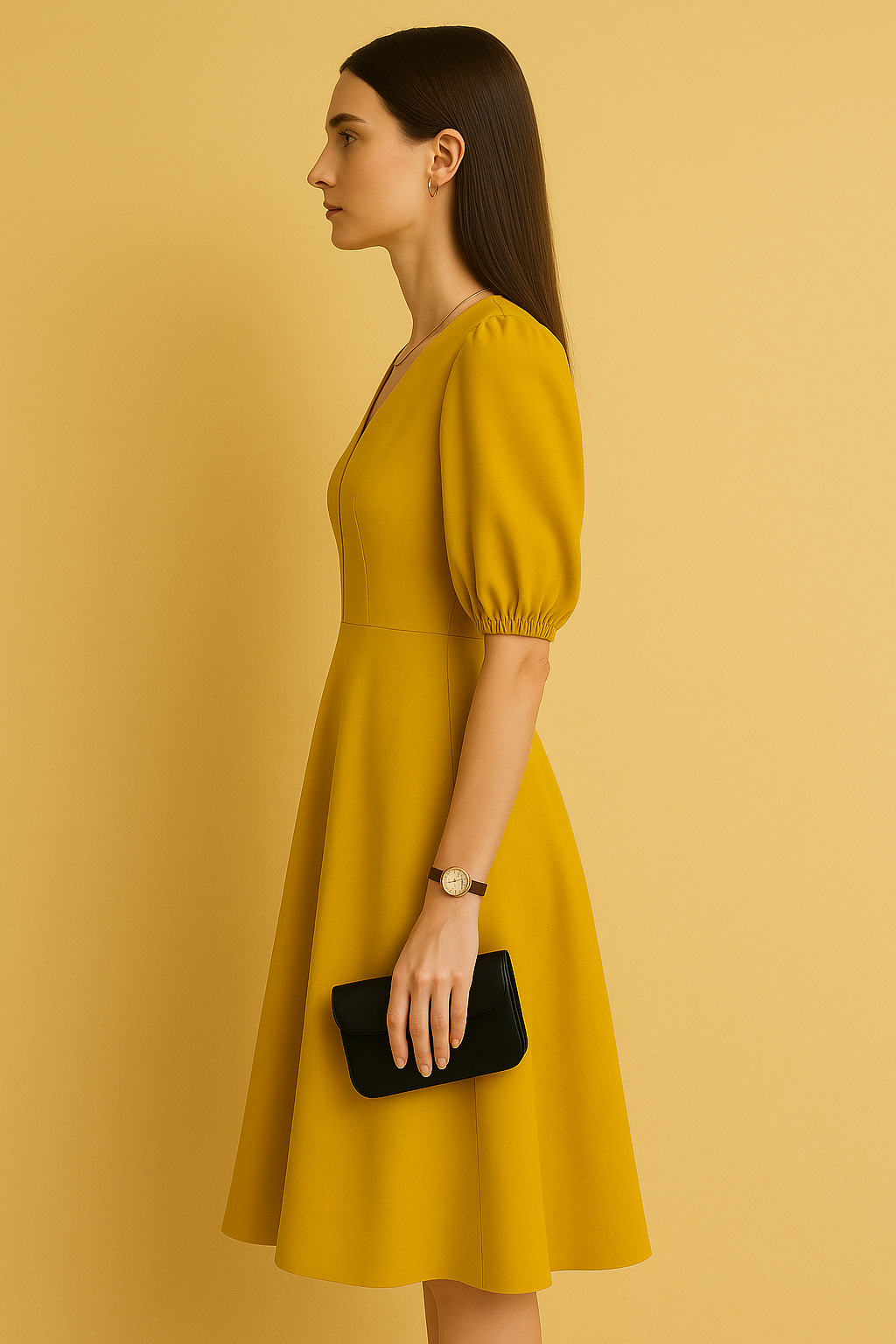 Elegant V-Neck Midi Dress with Puff Sleeves