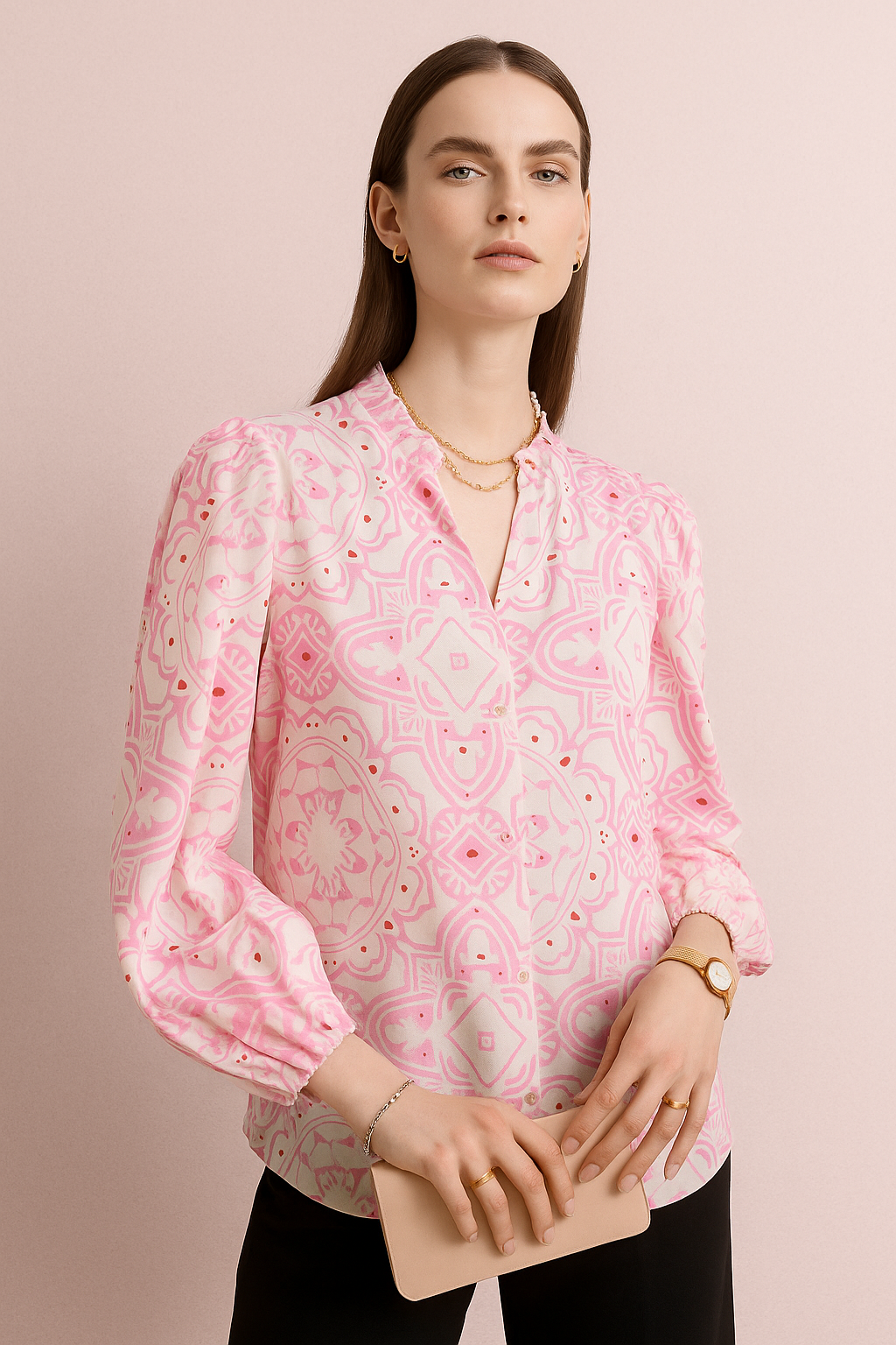 Elegant Geometric Pattern V-Neck Blouse with Puff Sleeves