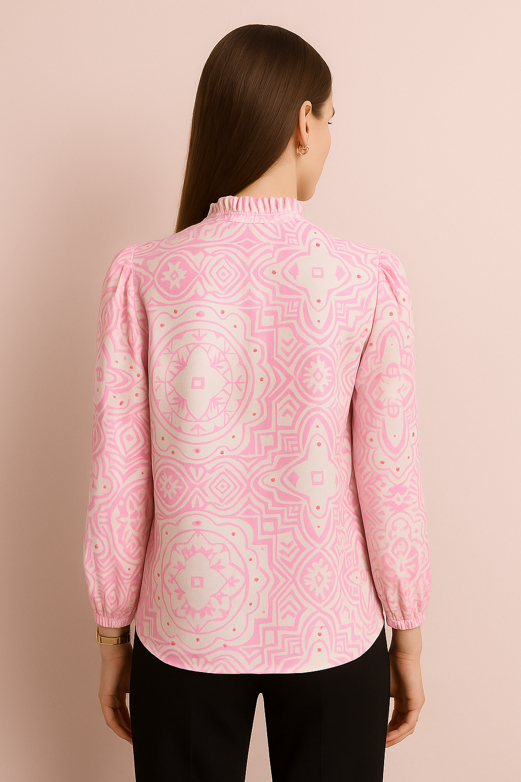 Elegant Geometric Pattern V-Neck Blouse with Puff Sleeves