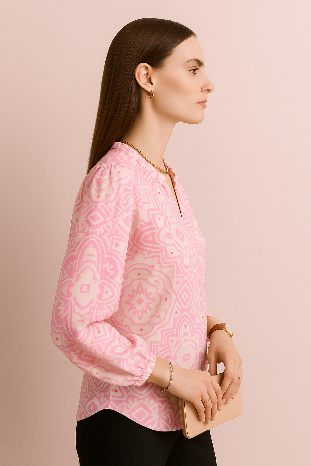 Elegant Geometric Pattern V-Neck Blouse with Puff Sleeves