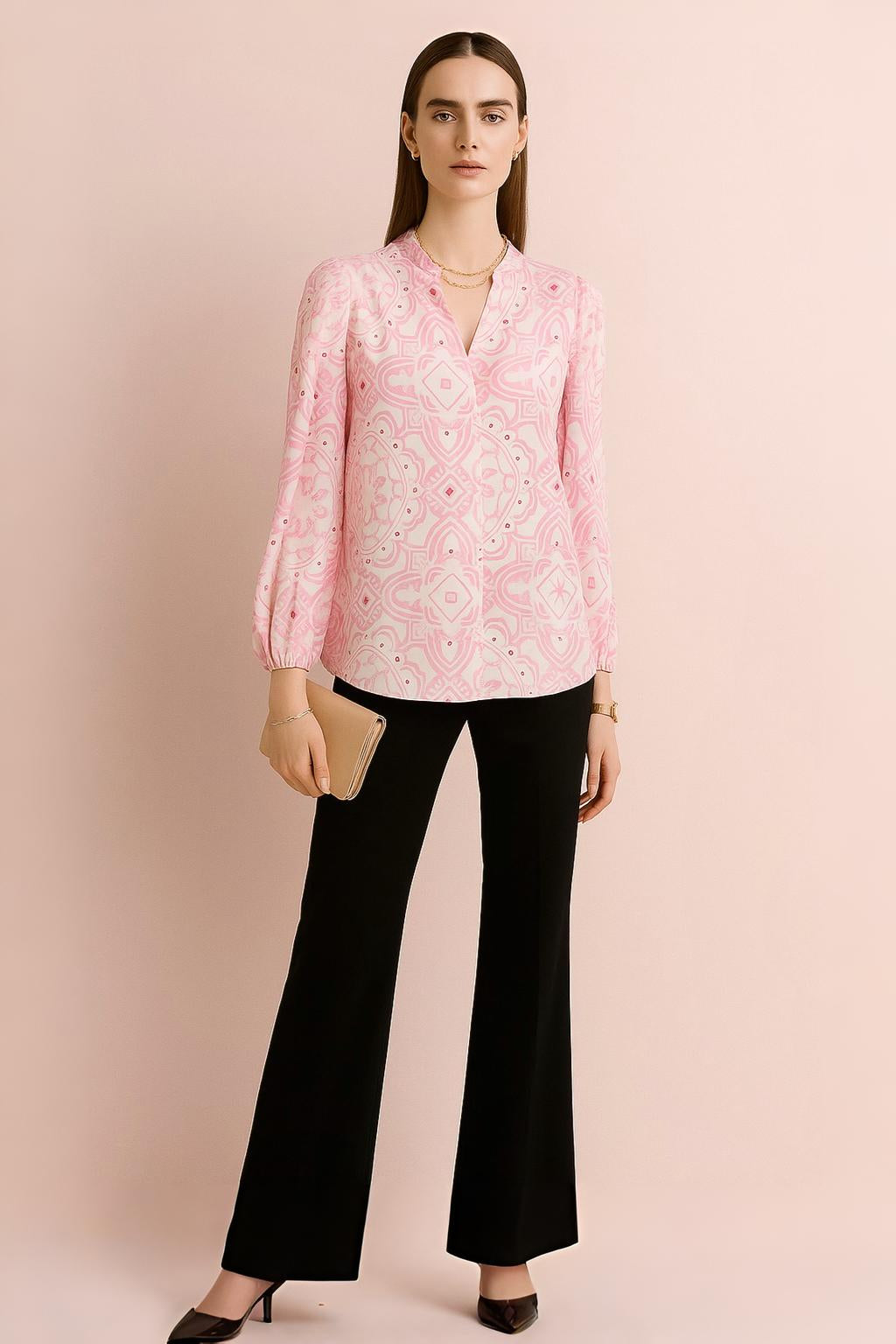 Elegant Geometric Pattern V-Neck Blouse with Puff Sleeves