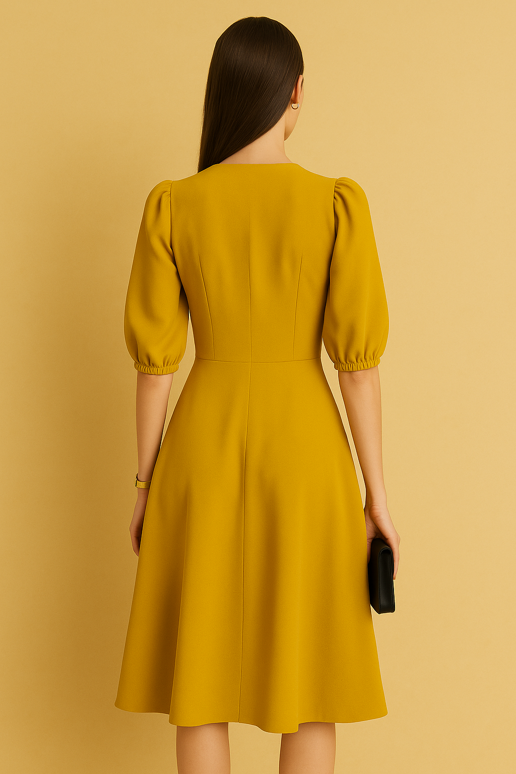 Elegant V-Neck Midi Dress with Puff Sleeves