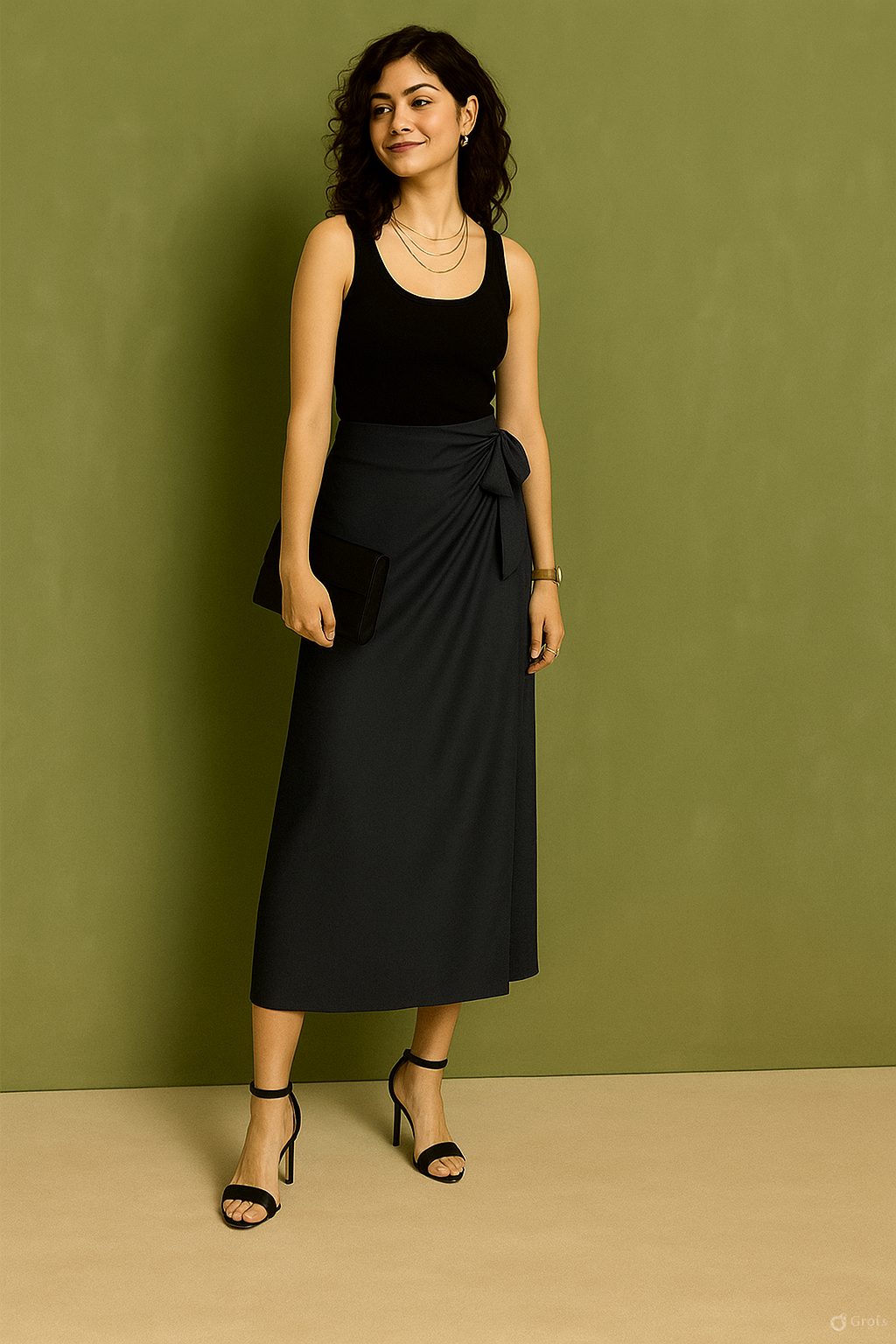 Wrap-Style Midi Skirt with Side Tie Detail