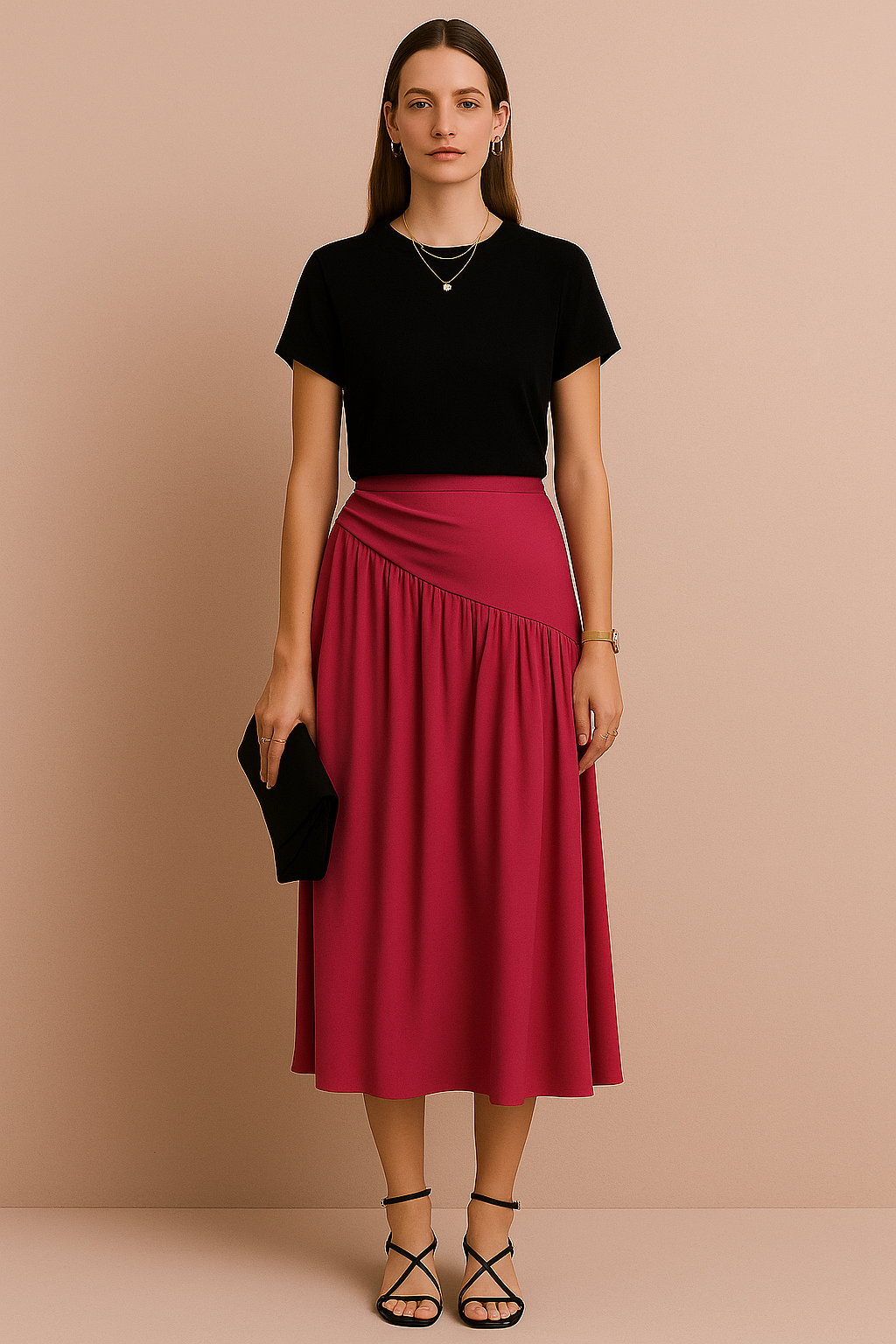 Asymmetric Waist Midi Skirt with Gathered Detail