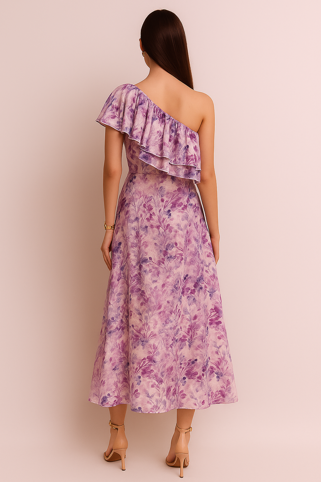 Floral One-Shoulder Ruffle Midi Dress