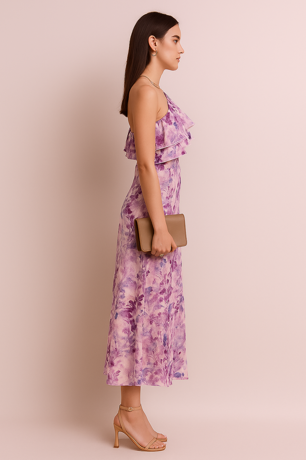 Floral One-Shoulder Ruffle Midi Dress