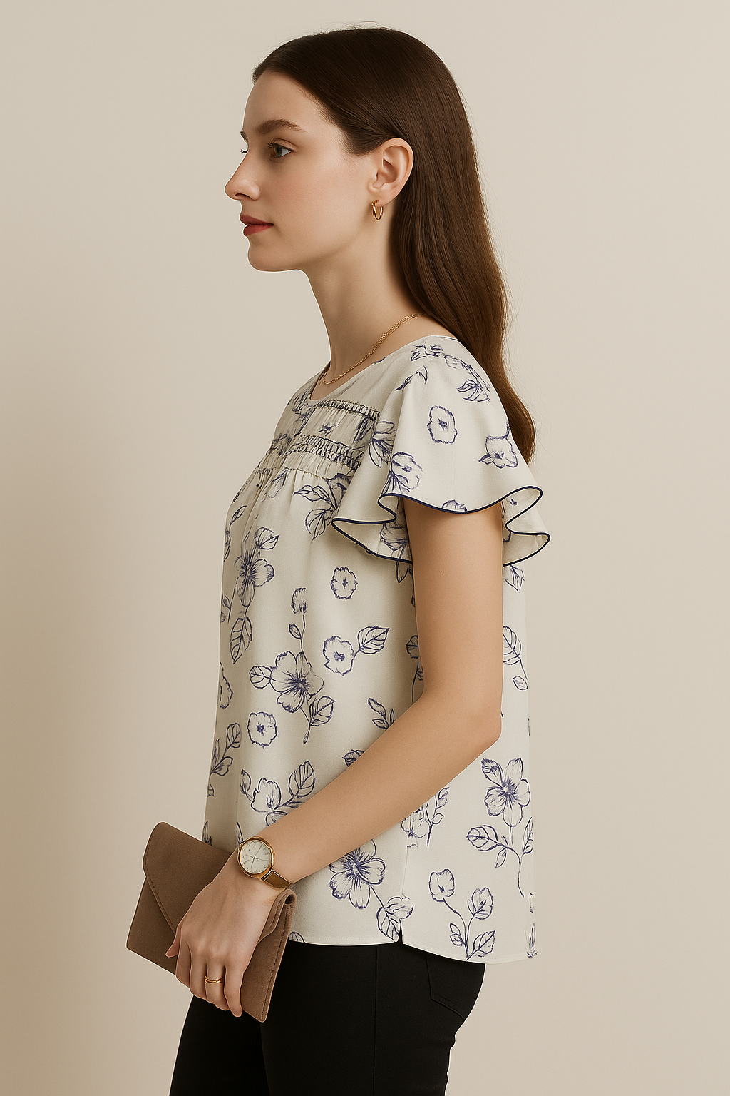 Floral Lace Yoke Tie-Neck Blouse