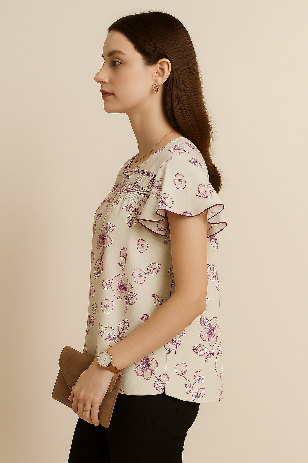 Floral Lace Yoke Tie-Neck Blouse