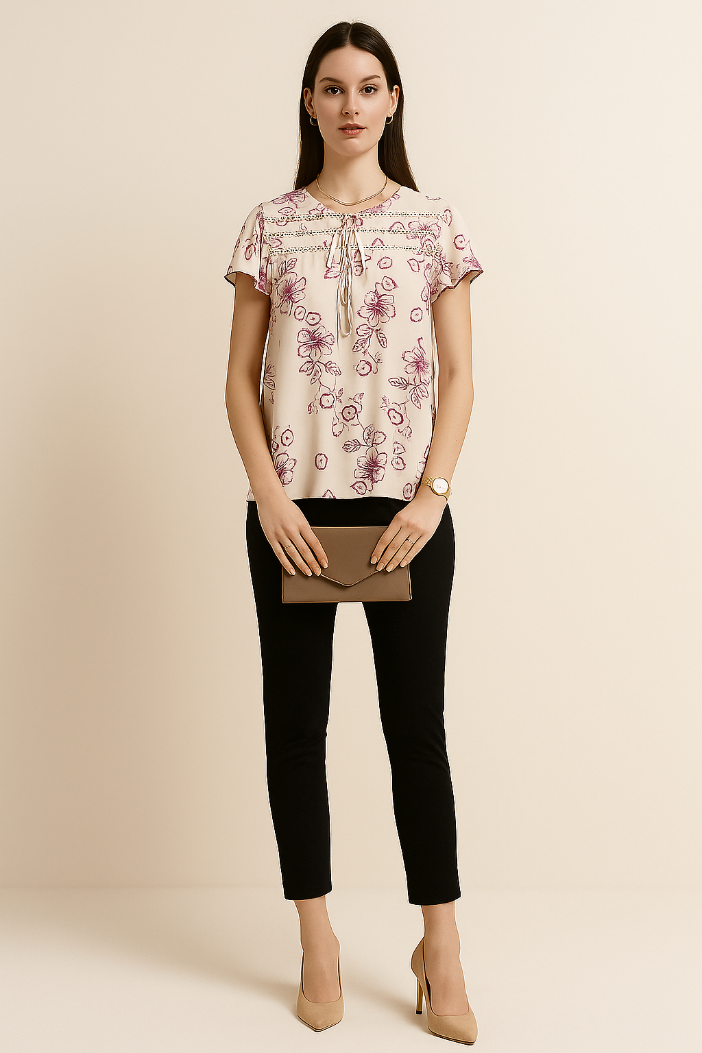 Floral Lace Yoke Tie-Neck Blouse
