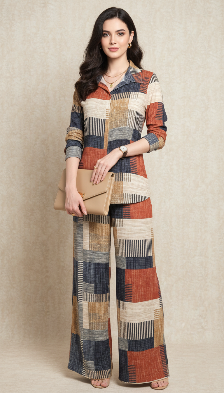 Retro Geo Print Knit Shirt & Pant Set