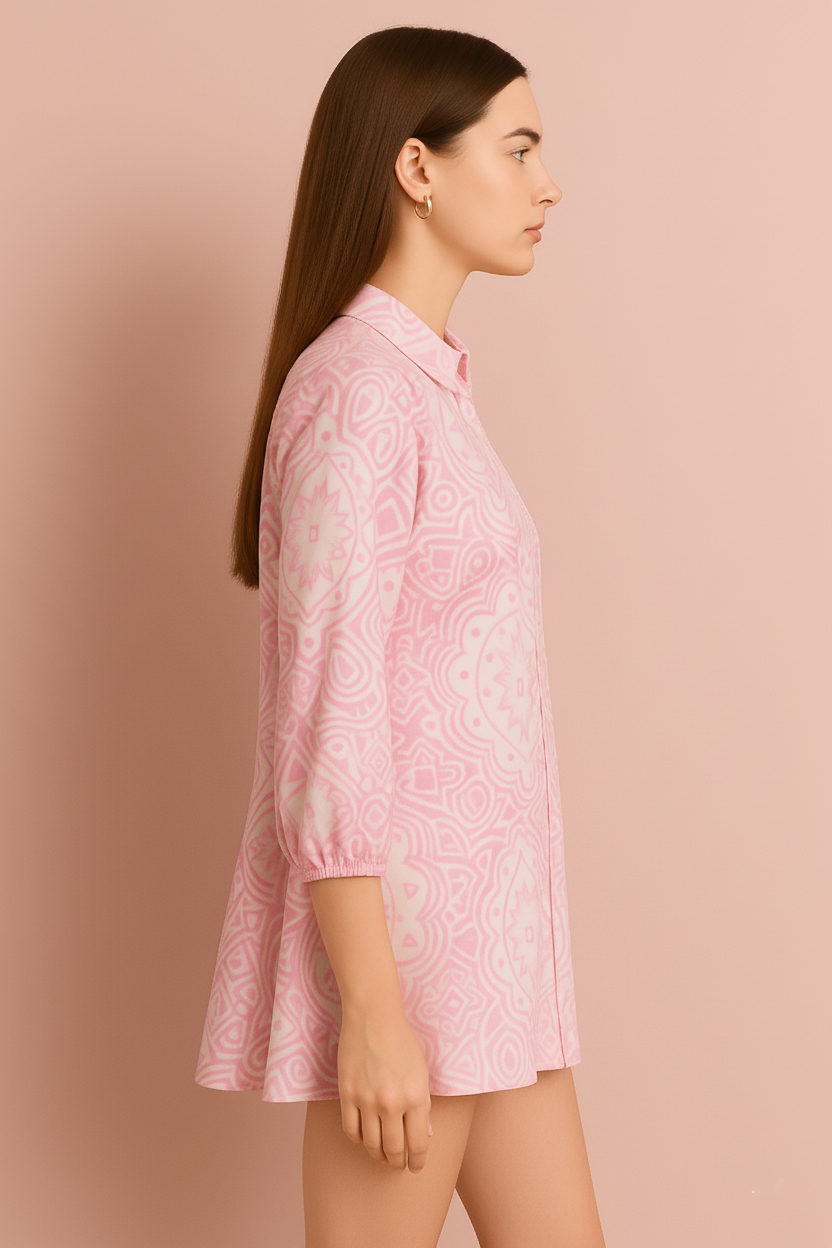 Mandala Print Flared Tunic with Three-Quarter Sleeves