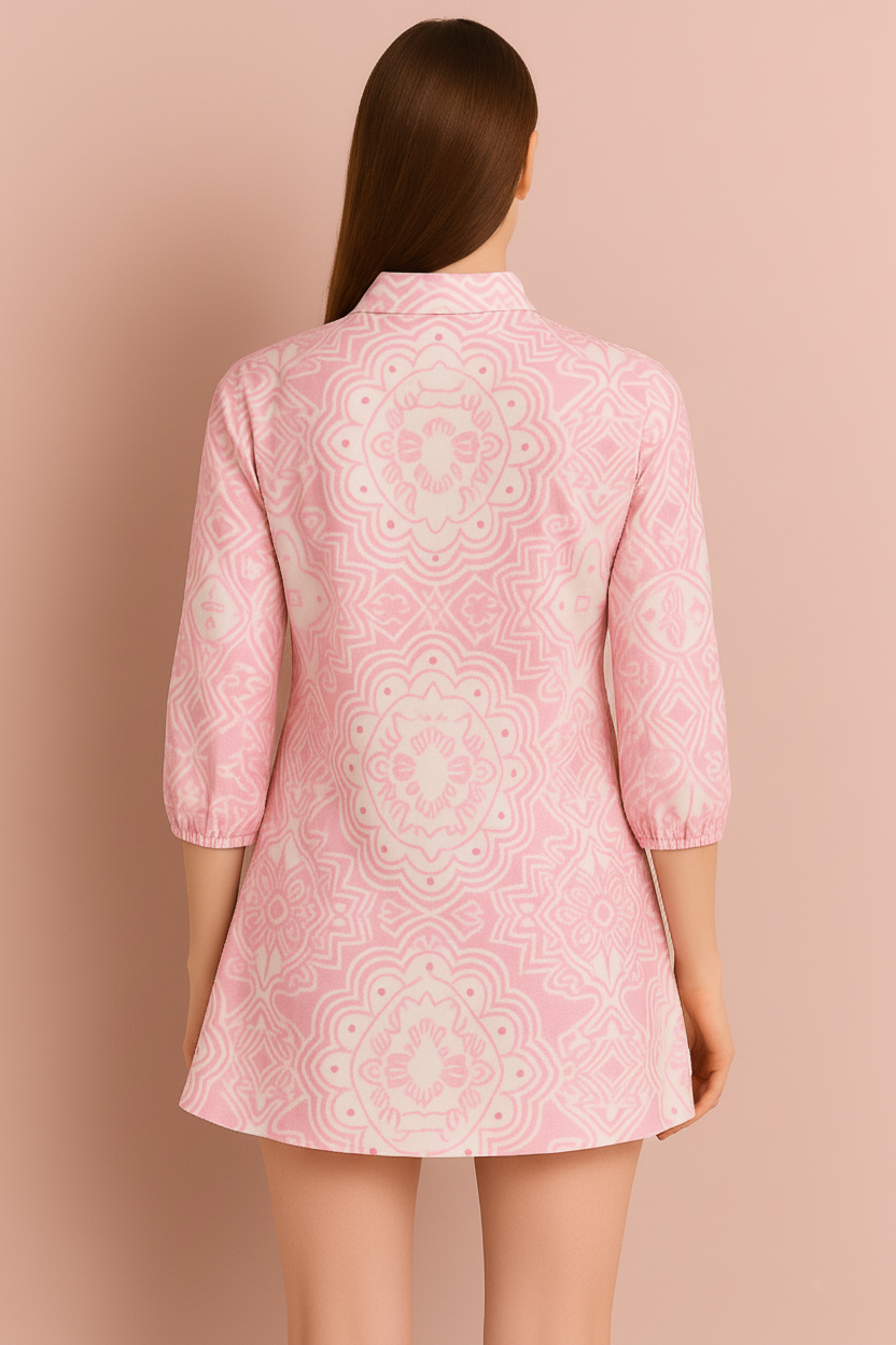 Mandala Print Flared Tunic with Three-Quarter Sleeves