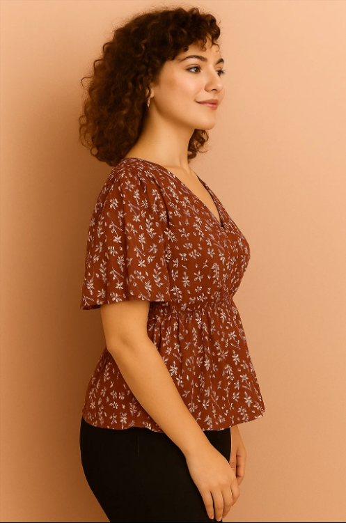 Floral Print V-Neck Peplum Top with Flutter Sleeves