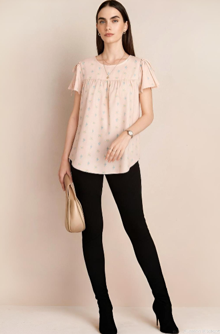 Blush Pink Floral Print Top with Flutter Sleeves and Shoulder Tie Detail