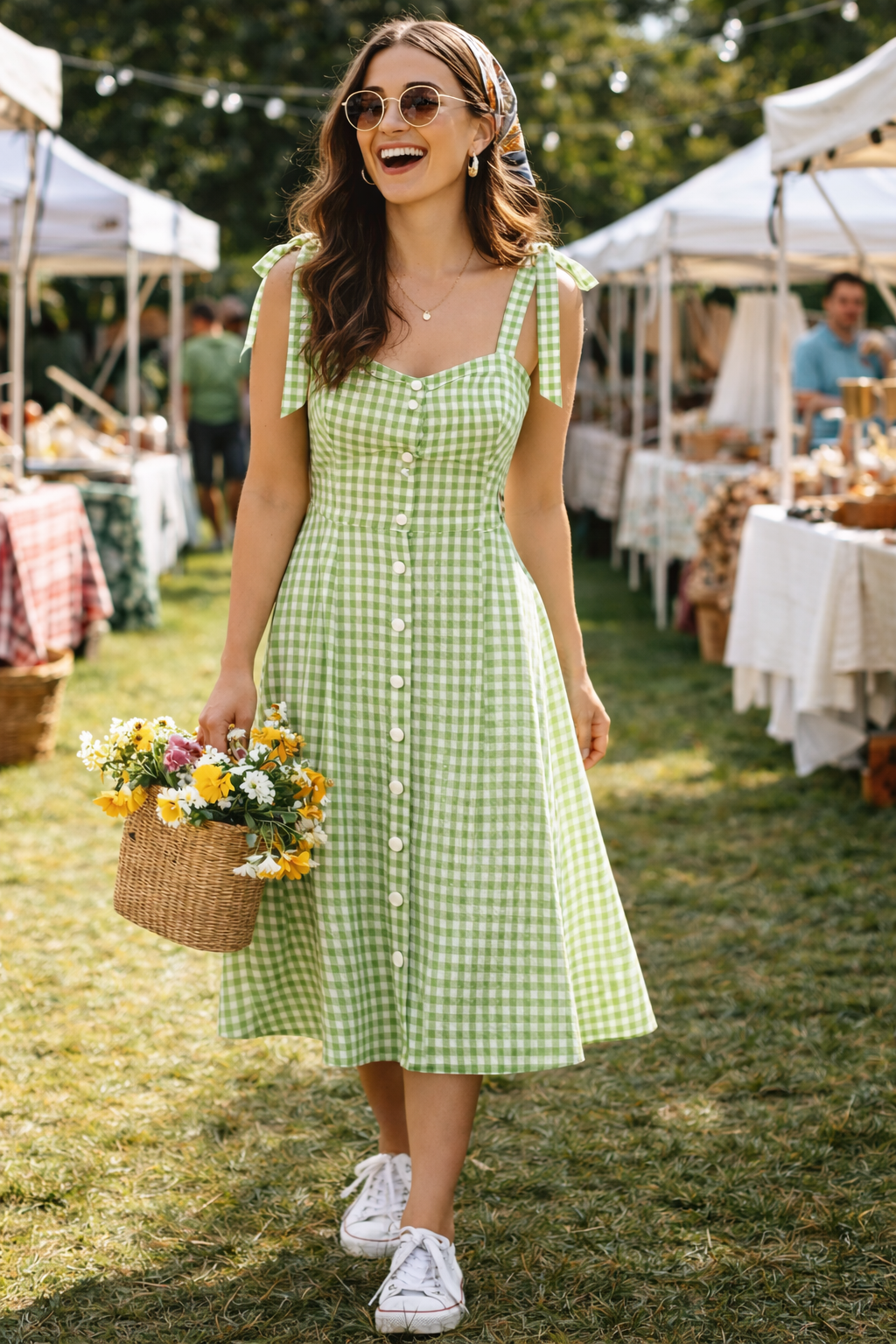 Green & White Gingham Cotton Button-Down Midi Dress