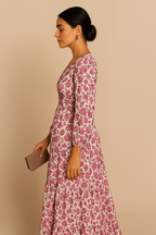 Roseate Bloom Print V-Neck Long Maxi Dress