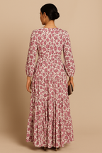 Roseate Bloom Print V-Neck Long Maxi Dress