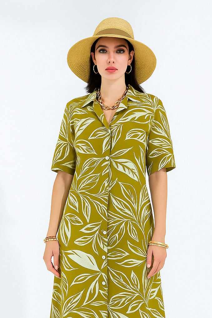 Tropical Green Floral Print Maxi Long Dress