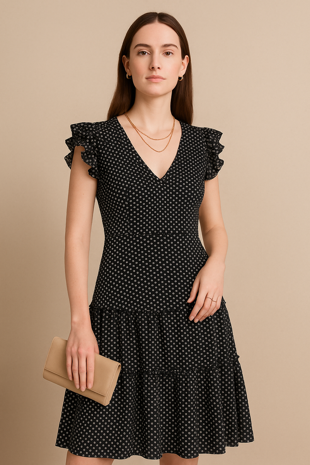 Short Polka Dot Dress with Flouncy Sleeves