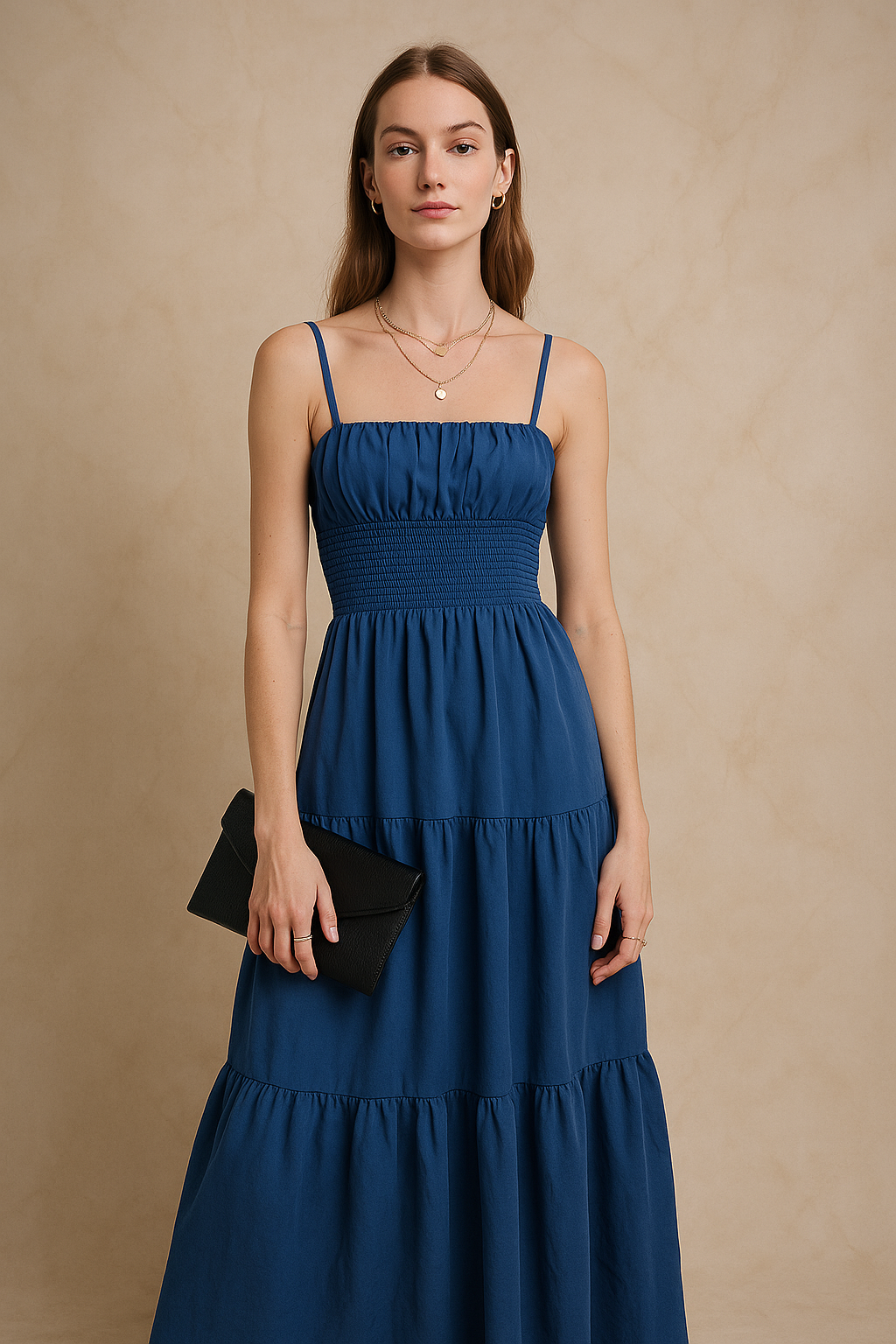 Elegant Navy Blue Smocked Maxi Dress