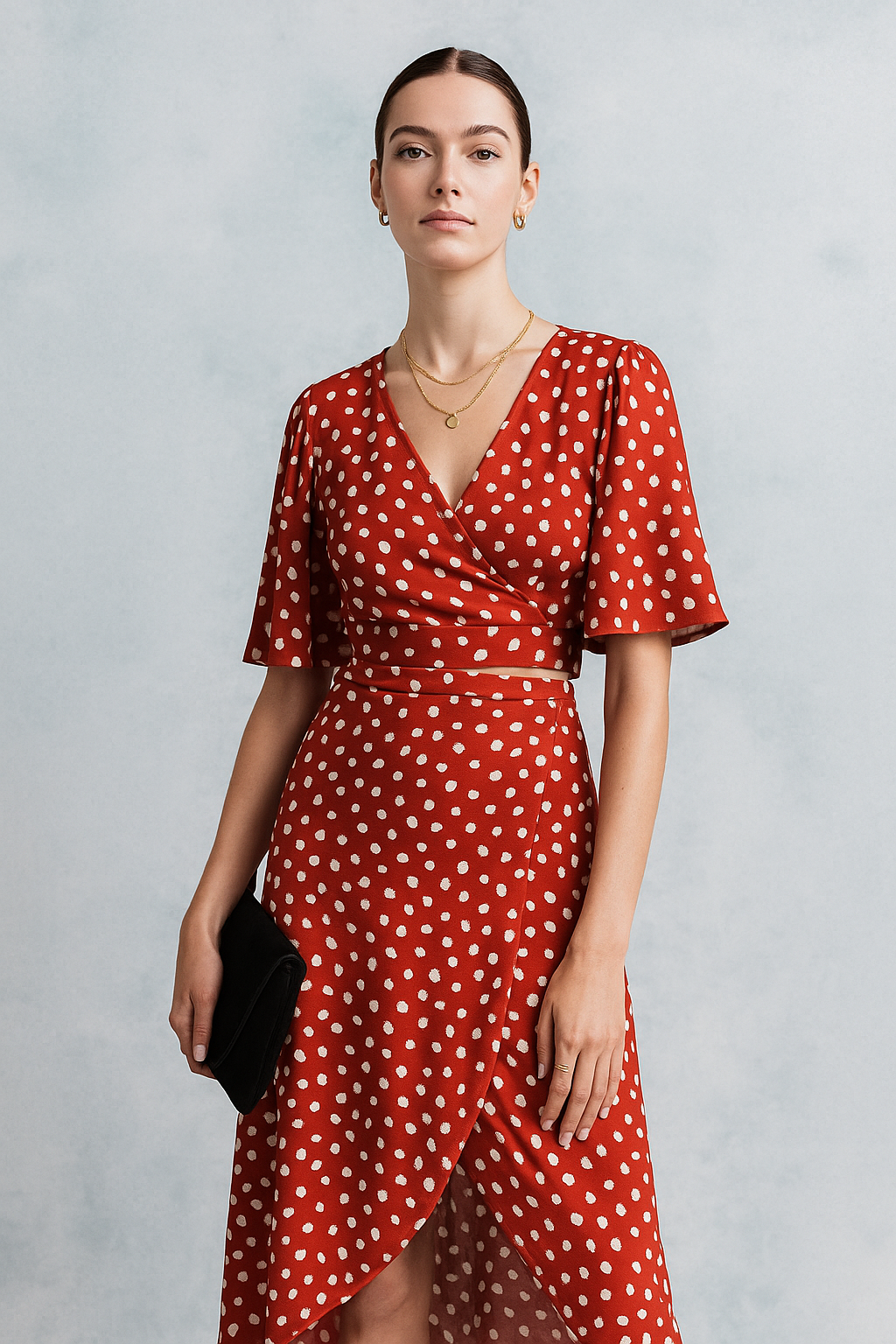 Red Polka Wrap Dress with V-Neck & Flare Sleeves