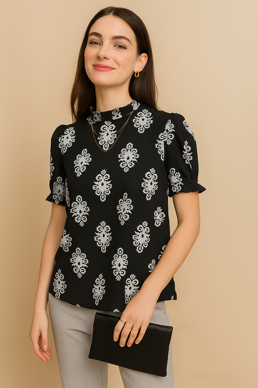Elegant Black Printed Ruffle Neck Top